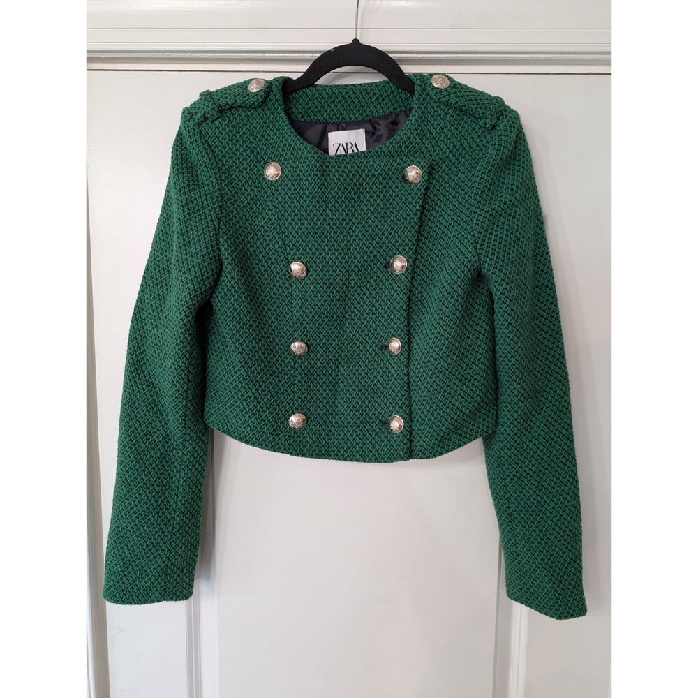 Zara Womens Green Tweed Cropped Military Jacket Silver Crest Buttons Size XS